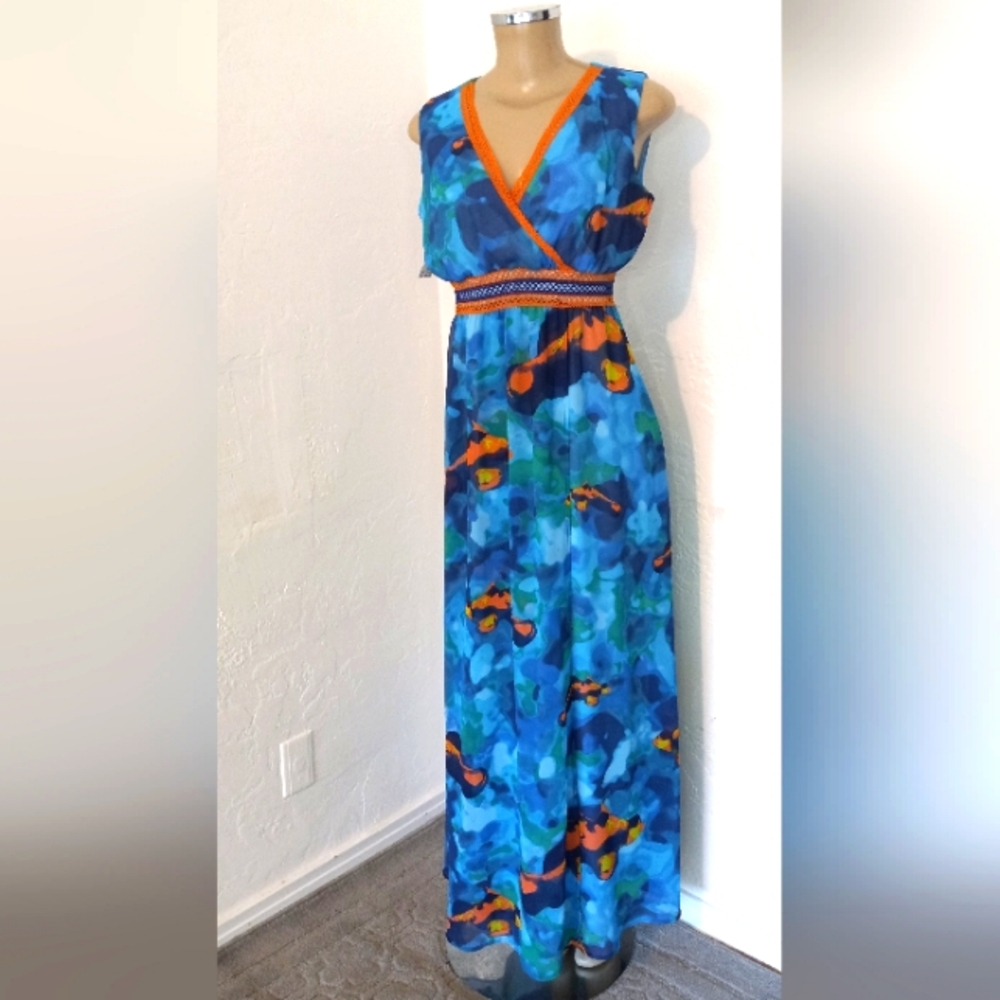 2000’s Y2K Blue & Orange V-Neck Maxi Dress with Printed Pattern